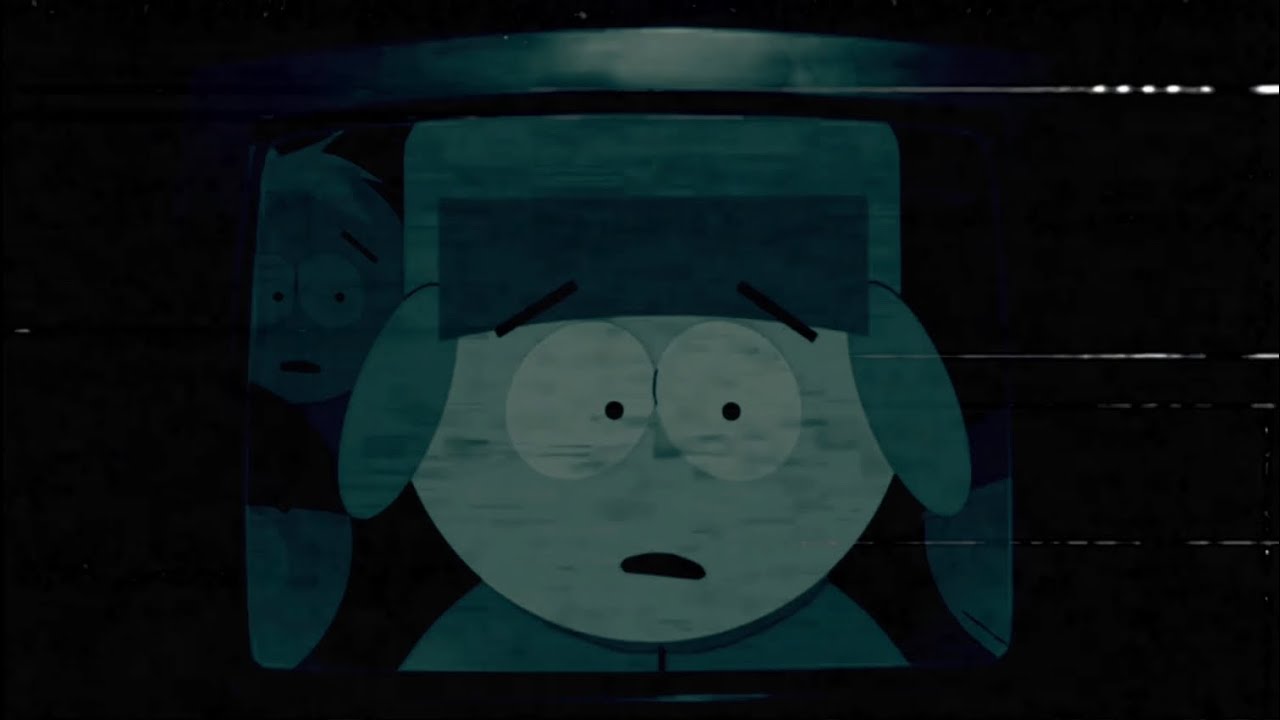 A screenshot of Kyle and Butters on a television screen with green hues.