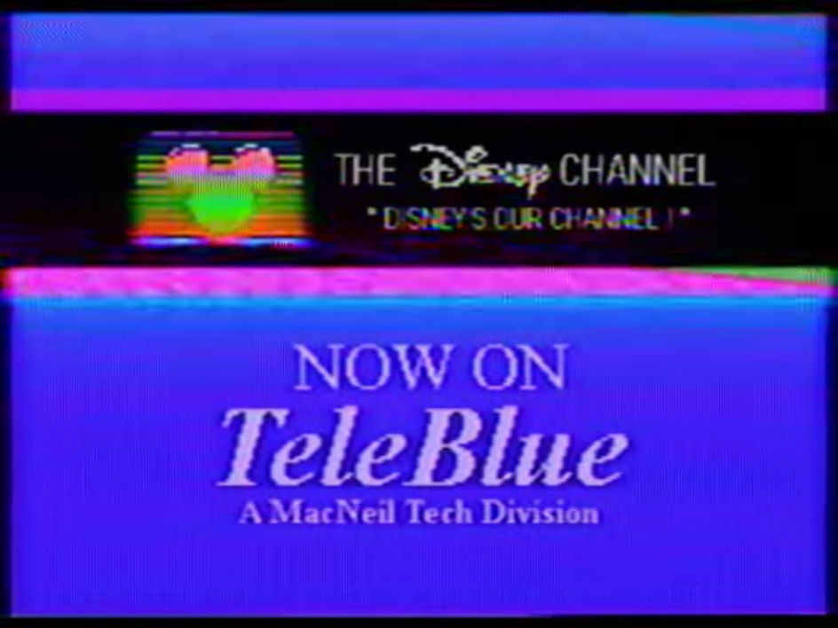 A screenshot of an episode showing the 1980 logo for the Disney channel with the text the Disney Channel, Disney's our channel. Below that is the text Now on Teleblue a MacNeil Tech Division.