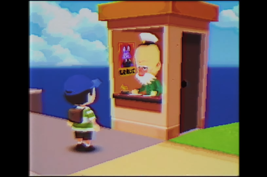 A screenshot of a boy character with a blue cap, standing in front of a brown booth with an old man.