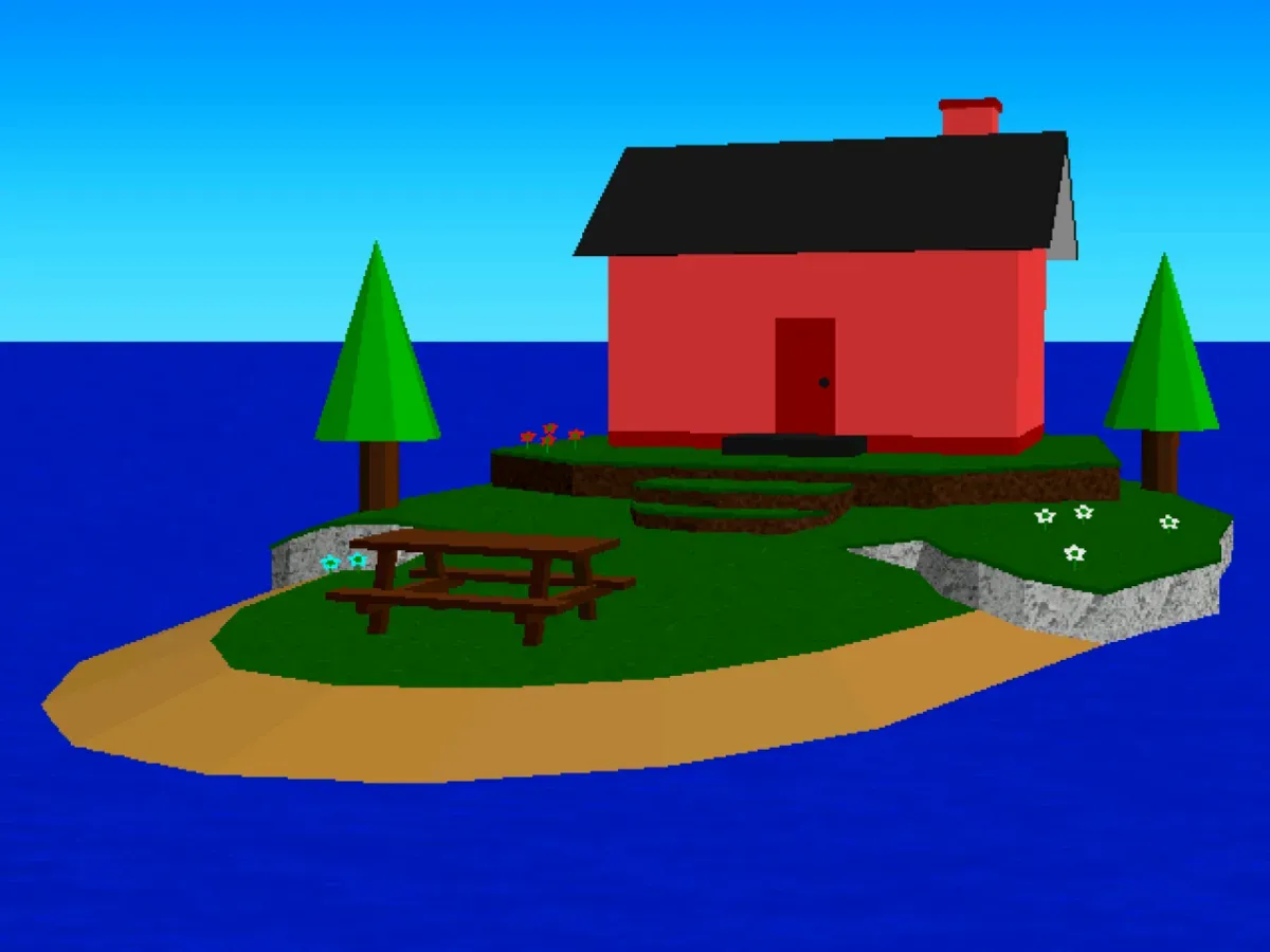 A 3D island with a red house and a picnic table.