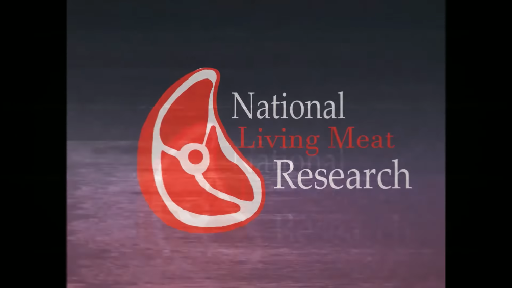 A screenshot of an episode showing the logo for National Living Meat Research, with the name of the company next to a cartoon steak.